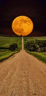 A scenic road leading to a glowing full moon in a countryside night setting.