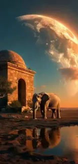 Elephant by a moonlit monument with tranquil water reflection.