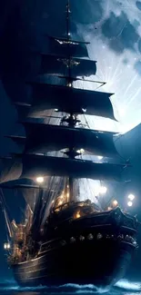Majestic ship sailing under a full moon at night with ocean reflections.