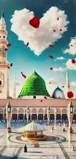 Beautiful mosque with heart-shaped clouds in a vibrant sky.