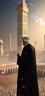 Man at mosque during sunset with spiritual ambiance.