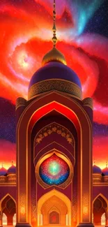 Majestic mosque under swirling galaxy art in vibrant colors.