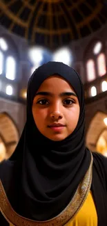 Young woman stands in majestic mosque interior.