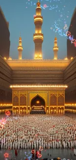 Majestic mosque with worshippers in serene prayer illuminated by golden light.