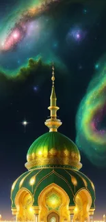 Majestic mosque with a starry sky and vibrant auroras.