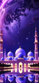Majestic mosque reflecting under a cosmic purple sky.