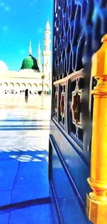 Stunning view of mosque with golden handle and intricate design.