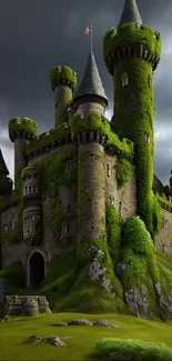 Moss-covered castle with lush green landscape and dramatic skies.