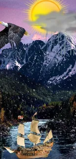 Majestic eagle flying over colorful mountain scene with historic ship sailing.