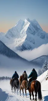 Horseback riders on a snowy mountain path with majestic peaks in the background.