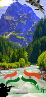 Majestic mountain scene with Indian flags and fighter jet.