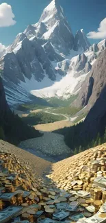 Mountain view with gold coins and a clear sky