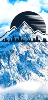 Stylized mountain with sun art in blue tones.