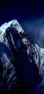 Snow-covered mountain under a dark blue night sky.