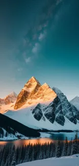 Mountain at twilight with snowy peaks and a starry sky.