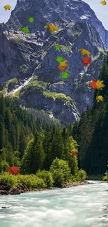 Mountain scene with autumn leaves and river flowing.