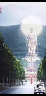 Majestic mountain Buddha statue with serene landscape.