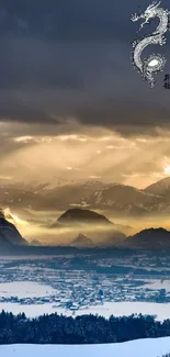 Dragon silhouette over a snowy mountain landscape at sunset.