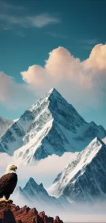 Eagle perched on rocky cliffs with snow-capped mountains and blue sky.