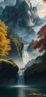 Mobile wallpaper with mountains, autumn trees, and a waterfall.