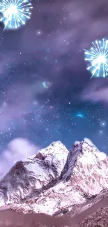 Snowy mountains with fireworks in a starry night sky.