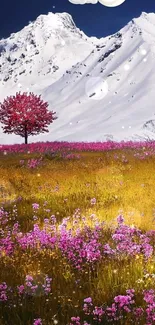 Snowy mountains with pink meadow and red tree wallpaper.