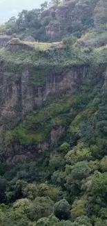 Majestic mountain with lush green forest and rocky cliffs.