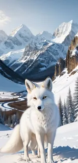 Majestic arctic fox in snowy mountain landscape with blue sky backdrop.