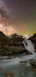 Mountain landscape with Milky Way and waterfall at night.