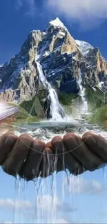 Hands holding a mountain with waterfalls, under a blue sky.