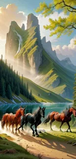 Wild horses running through a lush mountain landscape on a sunny day.