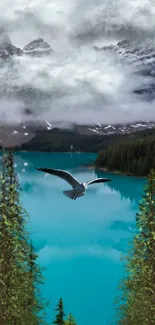 A serene turquoise lake surrounded by mountains and forests with a bird soaring in the sky.