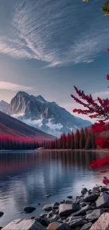 Scenic mountain lake with red foliage