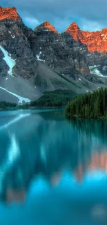 Majestic mountain and lake with sunset reflection in blue hues.