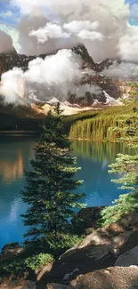 Serene mountain lake landscape with trees.