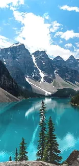 Majestic lake with mountains and clear blue sky in stunning mobile wallpaper.