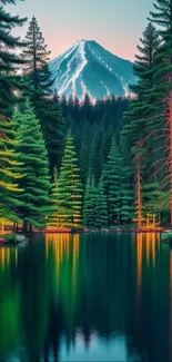 Majestic mountain overlooking a serene lake with vibrant reflections and tall trees.