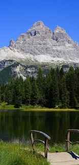 Serene mountain lake with clear skies and lush forest.