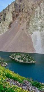 Majestic mountain with blue lake and lush greenery in the foreground.