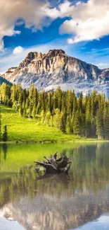 Serene mountain lake with forest and sky.