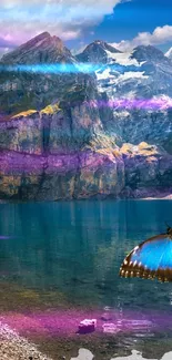 Serene mountain lake scene with vibrant butterfly.