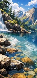 A breathtaking mountain lake with waterfalls and lush greenery.