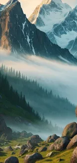 Majestic mountain landscape with misty forest, rocks, and snowy peaks.