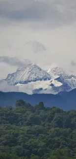 Majestic snow-capped mountains with lush green forest and cloudy sky.