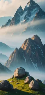 Majestic mountain landscape with mist and greenery.