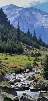 Mountain landscape with river and lush greenery.