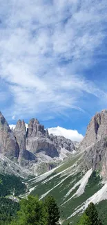 Majestic mountain landscape with vibrant greenery and blue sky.