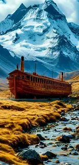 Abandoned ship against snowy mountain backdrop