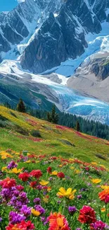 Mountain landscape with colorful flowers and snow-capped peaks.