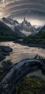 Majestic mountain landscape with dramatic sky and river view.